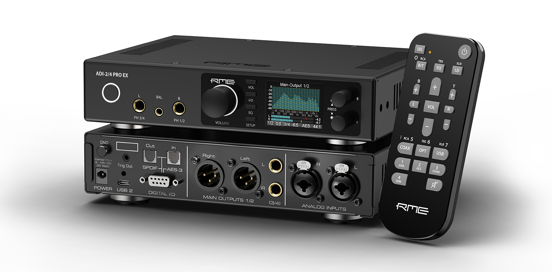 Perspective render of the RME ADI-2/4 Pro EX with remote control
