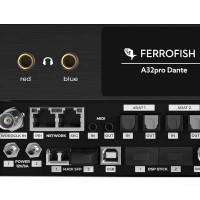 Closeup of Ferrofish A32pro Dante dual headphone outputs