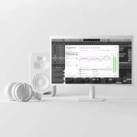 Headphones, speaker and computer monitor on grey background