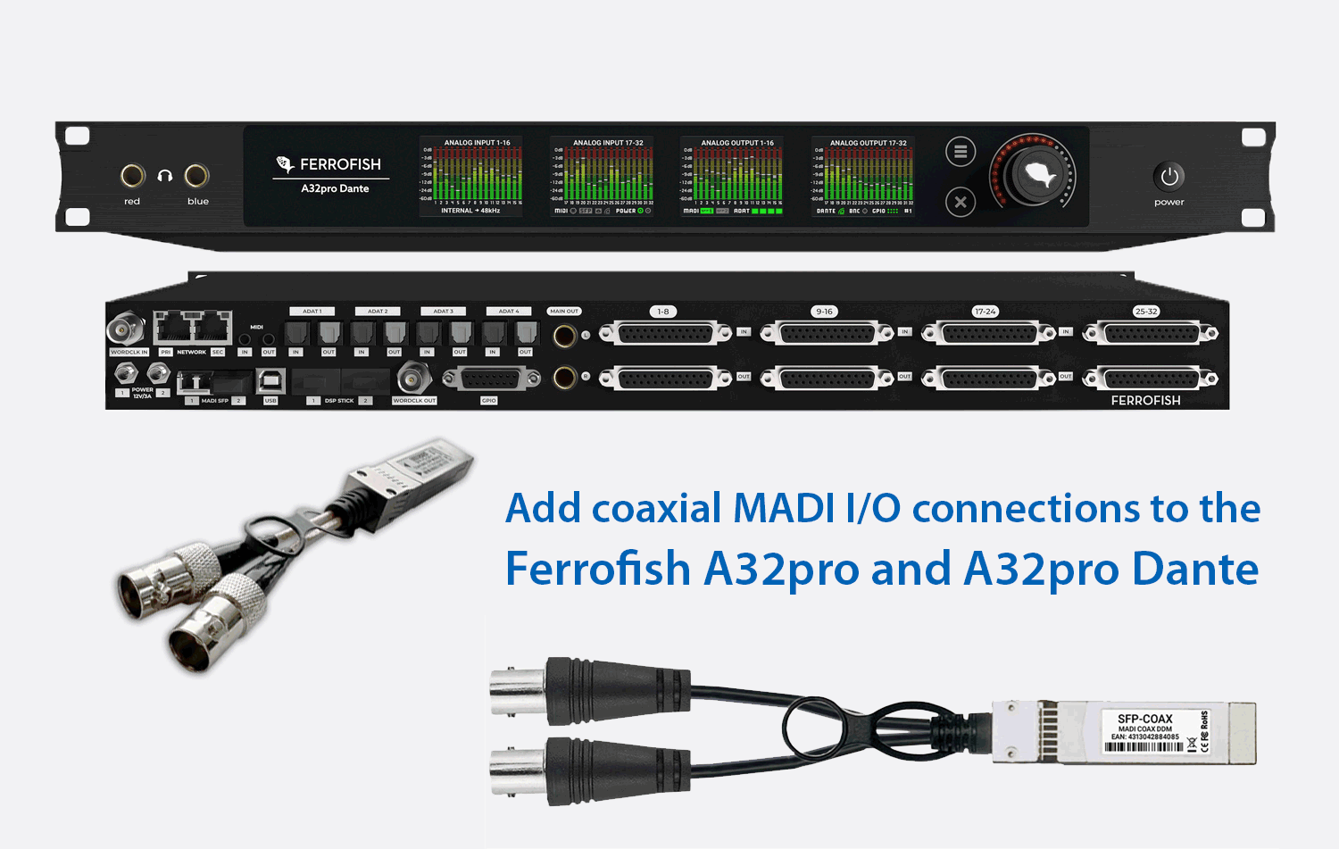 Ferrofish A32pro Dante render with MADI coaxial SFP module