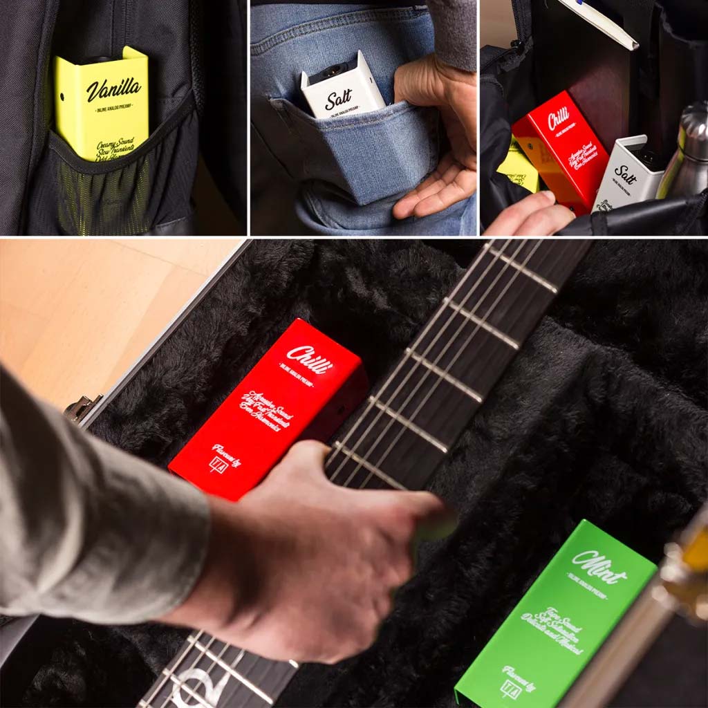 Series of images showing Tierra Flavours in pockets and a guitar case
