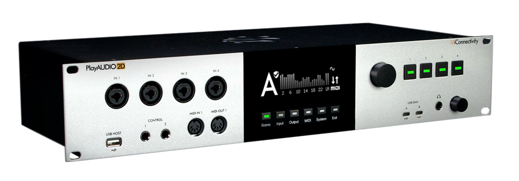 Perspective angle of the iConnectivity PlayAUDIO2D Dante audio interface