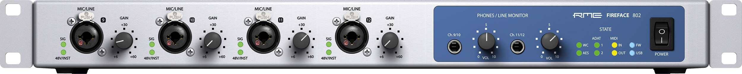RME Fireface 802 FS front panel showing four microphone preamps, headphone outputs and studio controls